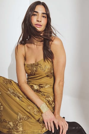 Light Khaki Flower Mesh Maxi Dress