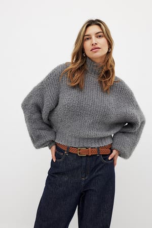 Grey Fluffy Knitted Turtleneck Sweater