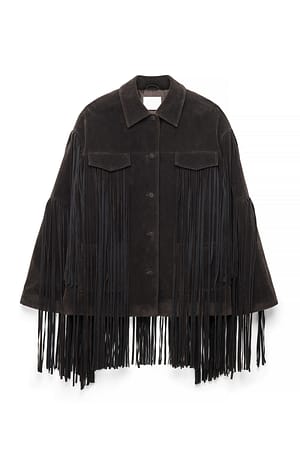 Dark Brown Jakke i fuskevelur med frynser