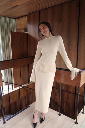 Offwhite Fringe Detail Knitted Midi Dress