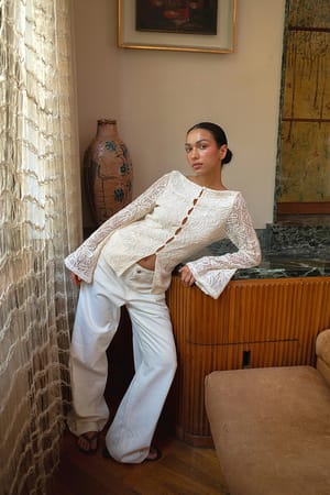 Beige Front Button Crochet Top