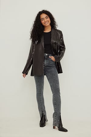 Grey/Blue Front Slit Skinny Jeans