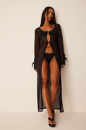 Black Front Tie Mesh Long Cardigan