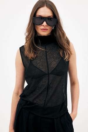 Black Funnel Neck Sleeveless Top