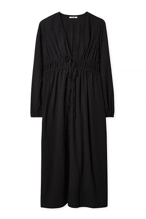 Black Gathered Drawstring Midi Dress