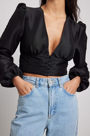 Black Gathered Waist Balloon Sleeve Blouse