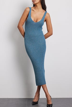 Blue Glitter Knitted Midi Dress