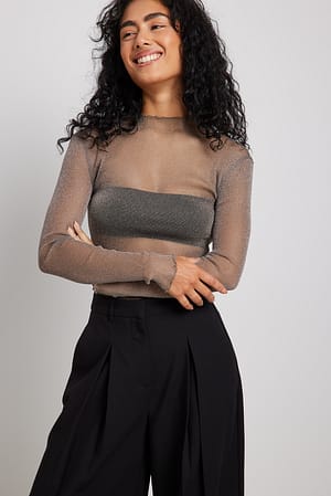 Khaki Glittery High Neck Mesh Top