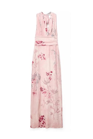 Light Pink Print Halterneck Tie Maxi Dress