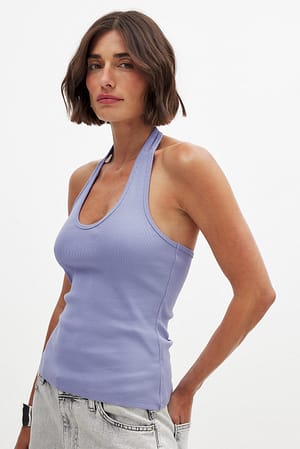 Light Blue Top acanalado con cuello halter
