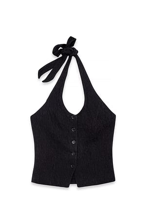Black strukturiertes Neckholder-Top mit Knöpfen
