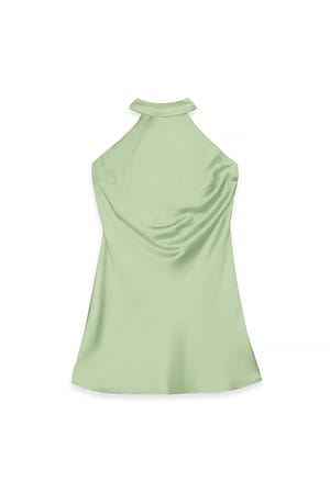 Sage Green Minikjole i hamret satin med binding i ryg