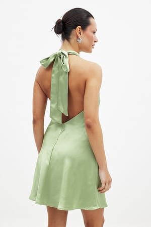 Sage Green Hammered Satin Tie Back Mini Dress