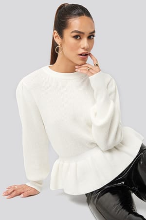 Off White Balloon Sleeve Frilled Sweater