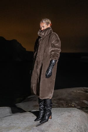 Brown High Neck Faux Fur Coat