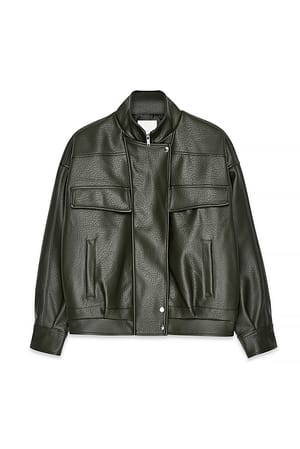 Khaki Chaqueta de piel sintética de cuello alto