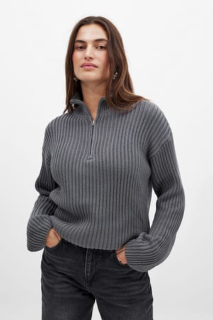 Grey High Neck Zipped Knitted Sweater