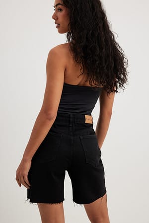 Black High Waist Raw Hem Denim Shorts