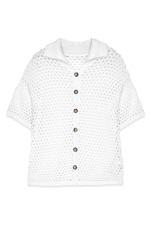 White Hole Knitted Buttoned Short Sleeve Sweater