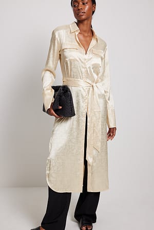 Beige Jacquard Satin Maxi Shirt Dress