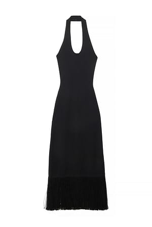 Black Vestido de punto con flecos y escote redondo