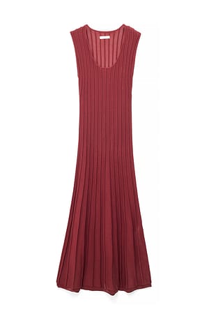 Rustic Red Robe longue en maille côtelée à encolure ronde