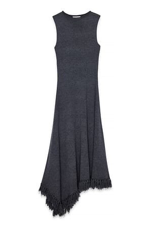 Grey Knitted Asymmetric Hem Midi Dress