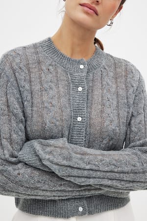 Light Grey Melange Knitted Cable Cardigan