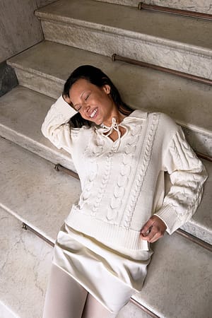 White Knitted Cable Tie Detail Sweater