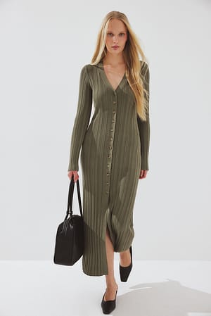 Khaki Green Strikket cardigan midikjole