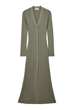 Khaki Green Knitted Cardigan Midi Dress