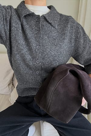 Dark Grey Melange Strikket cardigan med krage