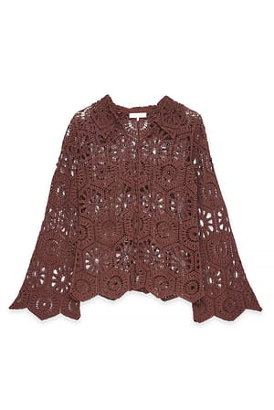 Brown Knitted Crochet Long Sleeve Top