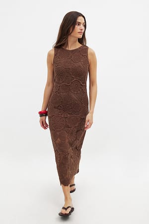 Brown Knitted Crochet Midi Dress