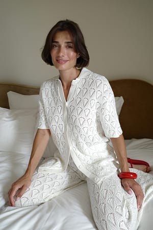 Offwhite Knitted Crochet Short Sleeve Shirt