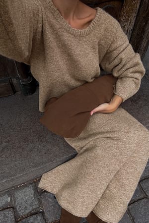 Beige Knitted Flowy Maxi Skirt