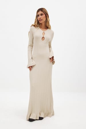 Light Beige Strikket maxikjole med flæsekant