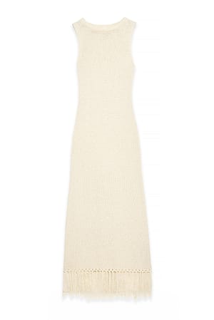 White Strikket midikjole med frynser