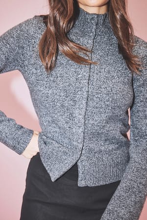 Dark Grey Melange Knitted High Neck Cardigan