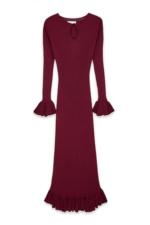 Burgundy Knitted Keyhole Frill Midi Dress