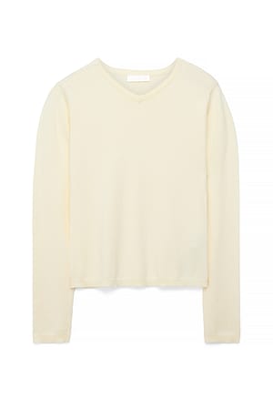 Cream Knitted Long Sleeve V-Neck Top