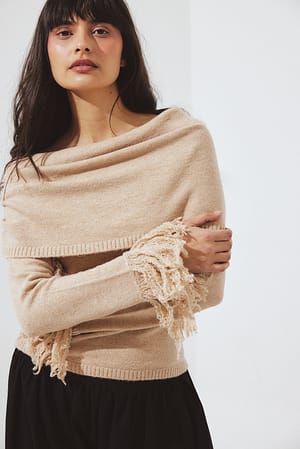Beige Knitted Off Shoulder Fringe Sweater