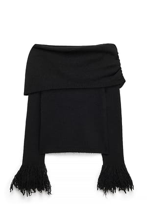 Black Strikket off-shoulder genser med rysjer