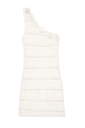 Offwhite einseitig schulterfreies gehäkeltes Strickminikleid