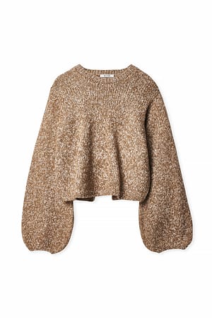 Beige Knitted Open Back Balloon Sleeve Sweater