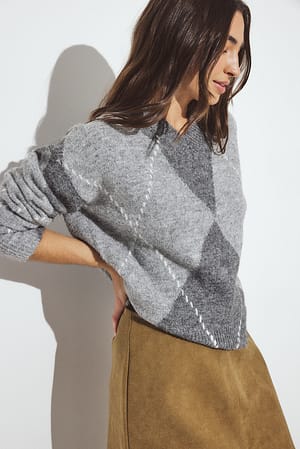 Grey Check Oversized strikket sweater med tern