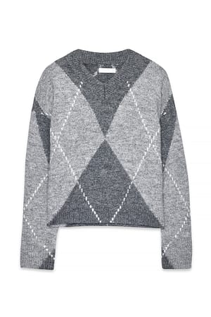 Grey Check Knitted Oversized Check Sweater