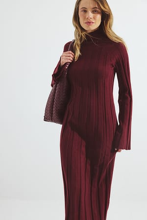 Plum Knitted Ribbed Turtleneck Maxi Dress