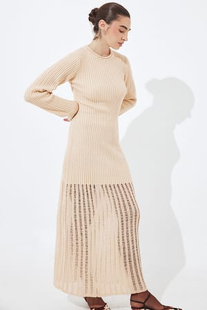 Cream Robe longue en maille côtelée