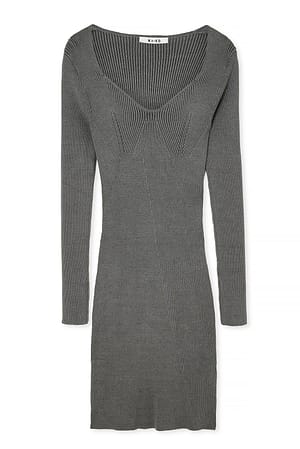 Dark Grey Knitted Ribbed Mini Dress